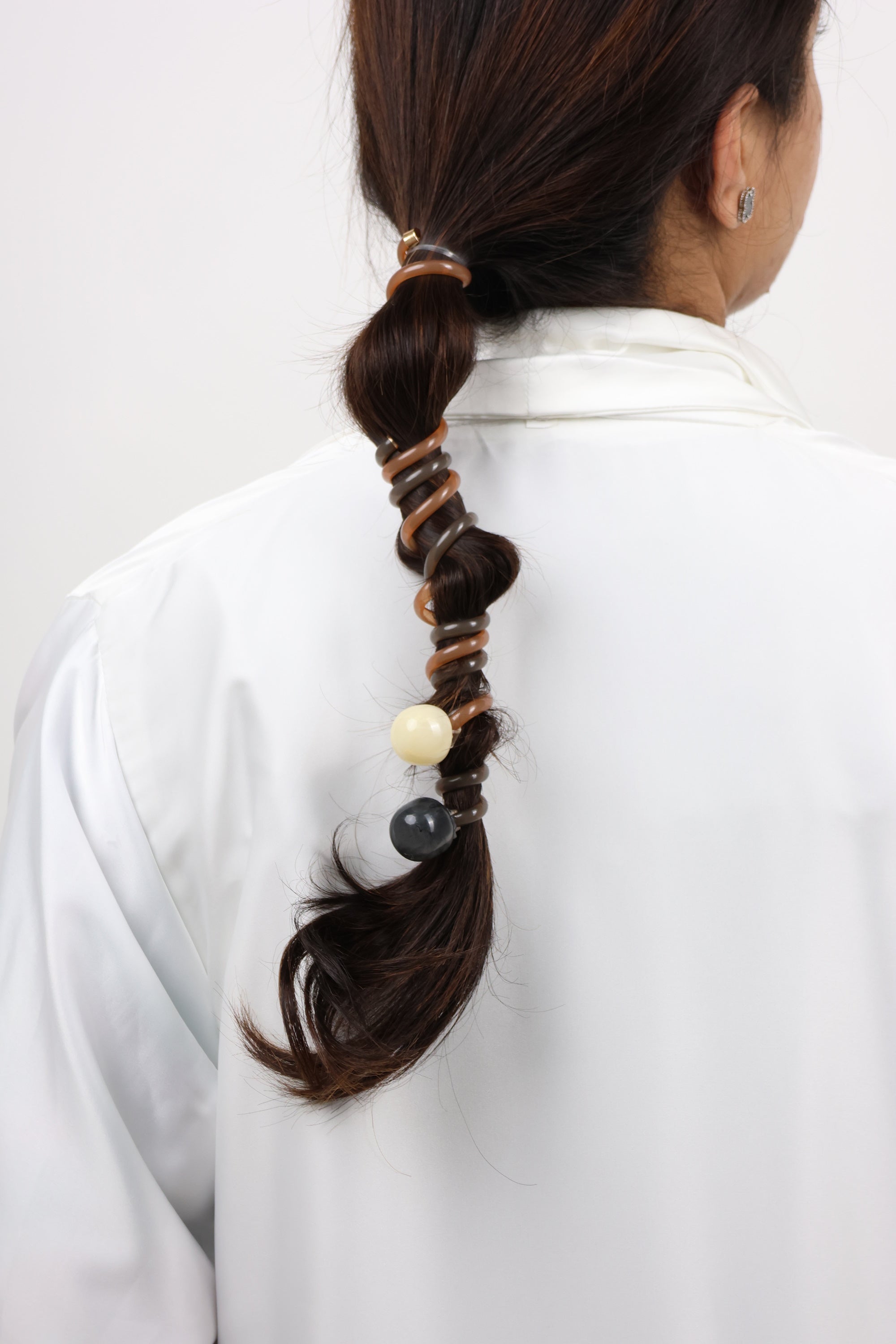 Brown Spiral Hair Wrap with Ivory Bead Accent